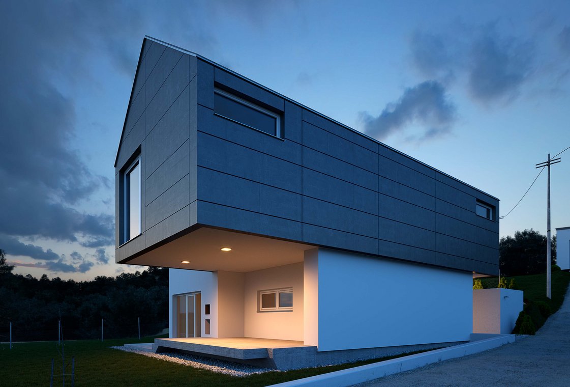 Αρχιτεκτονικος φοτορεαλισμος ενός μοντέρνου ιδιωτικού σπιτιού στην Κροατία το σούρουπο, με κοφτές γραμμές σχεδιασμού, γκρι πάνελ προσόψεως και μεγάλα παράθυρα, αποδοσμένο ρεαλιστικά από την gmsvision.