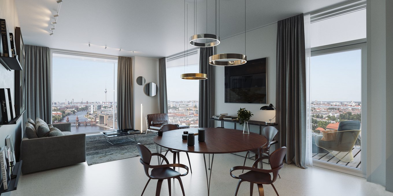 Σύγχρονο σαλόνι με πανοραμικά παράθυρα και θέα στη γραμμή του ορίζοντα του Βερολίνου, κομψή 3D απεικόνιση από gmsvision