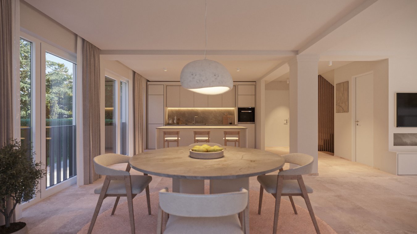 Εσωτερική απεικόνιση μονοκατοικίας Αννόβερο – μοντέρνος χώρος τραπεζαρίας με στρογγυλό τραπέζι, φωτιστικό σχεδιαστή και θέα στην κουζίνα