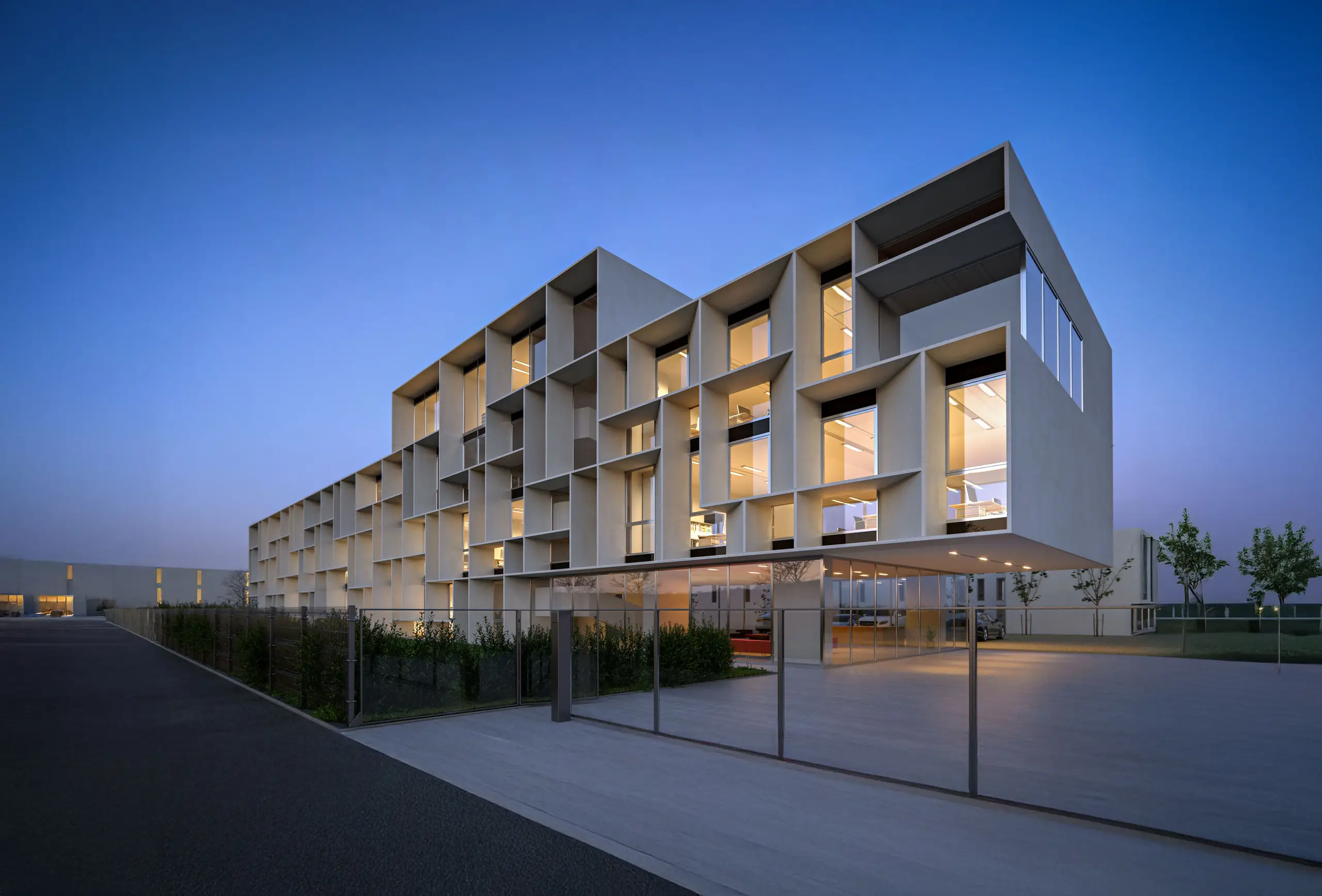 Σύγχρονη αρχιτεκτονική απεικόνιση κτιρίου γραφείων με γεωμετρική πρόσοψη