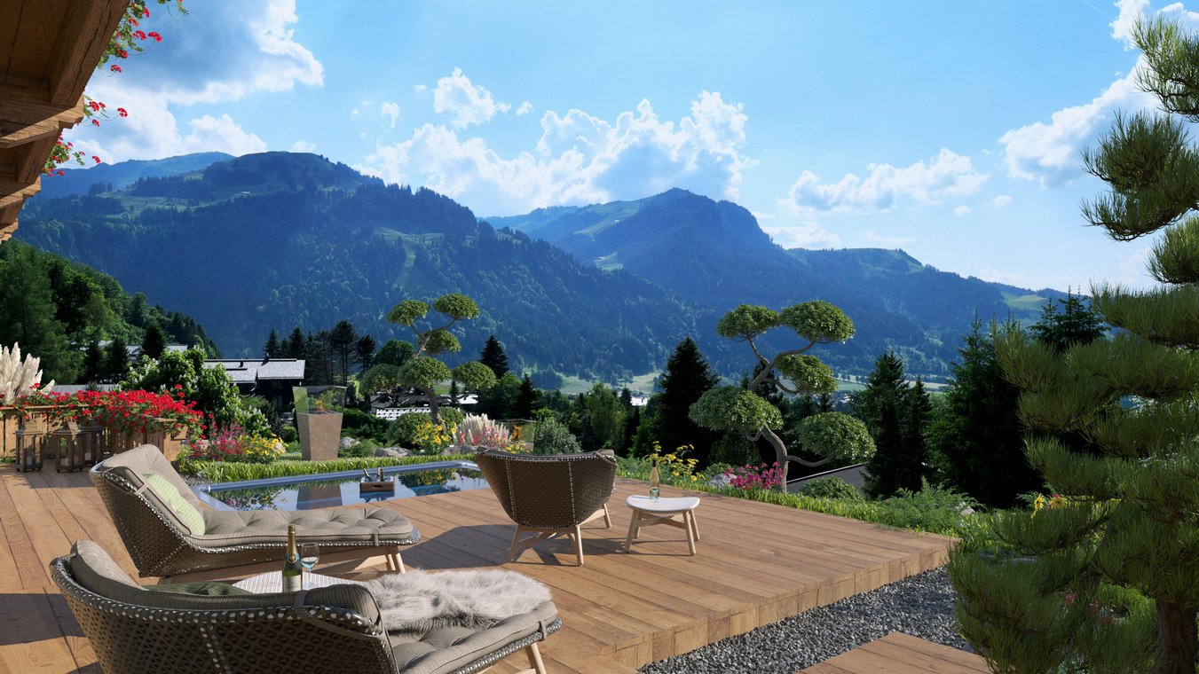 3D απεικόνιση ηλιόλουστης βεράντας με ξαπλώστρες, πισίνα και μαγευτική θέα στις Άλπεις στο Κιτσμπιχέλ.  ✨ These are polished, SEO-friendly, and visually descriptive. Would you li