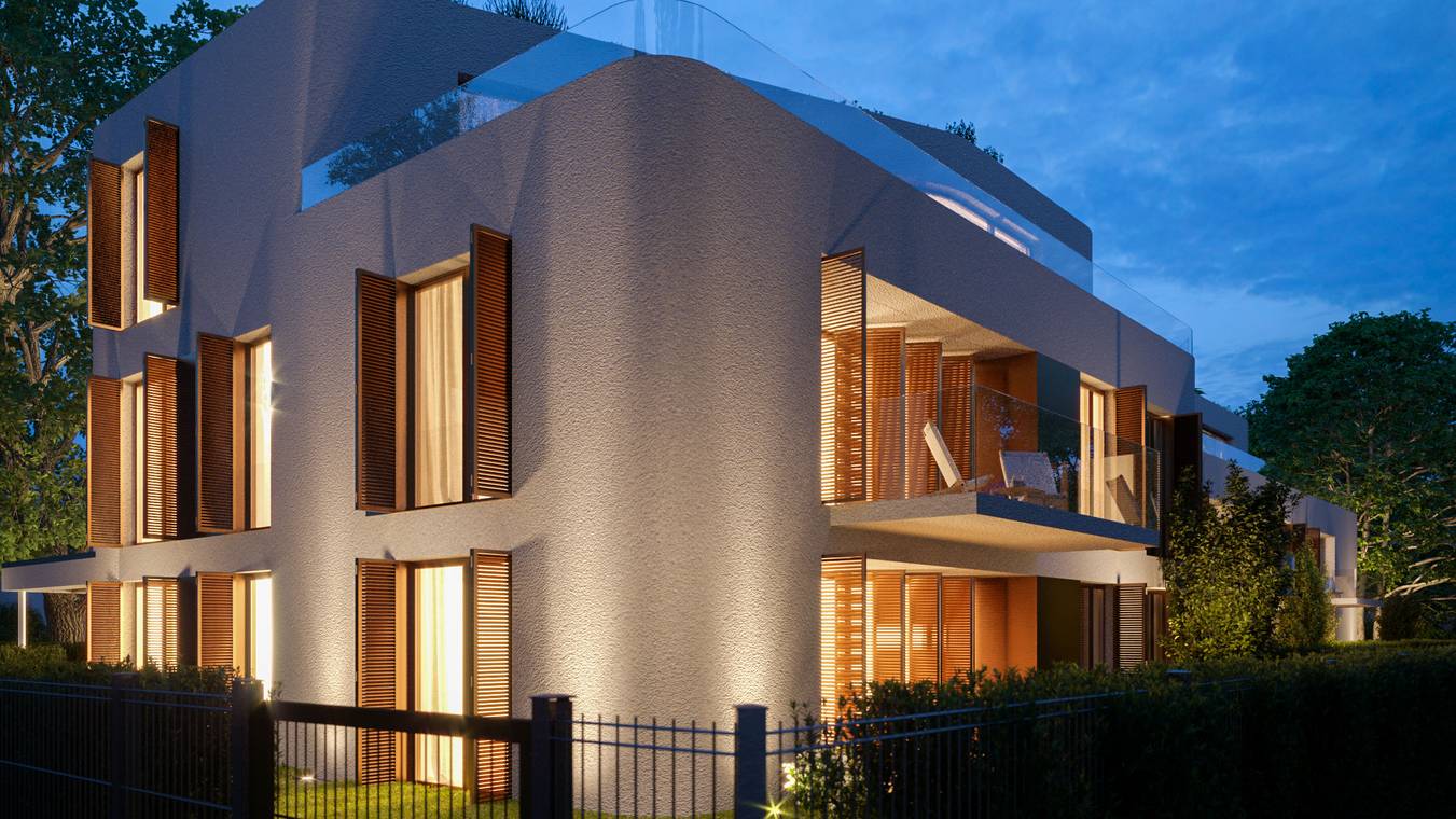 3D απεικόνιση της εξωτερικής όψης σύγχρονου κτιρίου κατοικιών στο Βερολίνο με μπαλκόνια από γυαλί