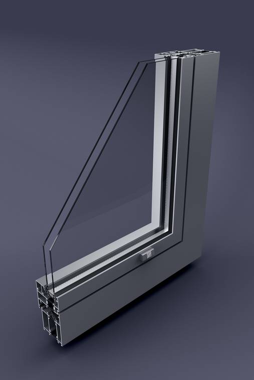 3D απεικόνιση ενός σύγχρονου προφίλ παραθύρου Aluprof από αλουμίνιο με τριπλό υαλοπίνακα, αποδοσμένο ρεαλιστικά σε γκρι φόντο.