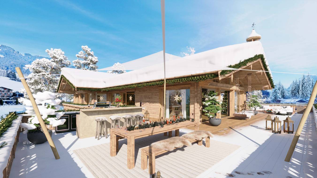3D απεικόνιση πολυτελούς βεράντας chalet με θέα στις Άλπεις