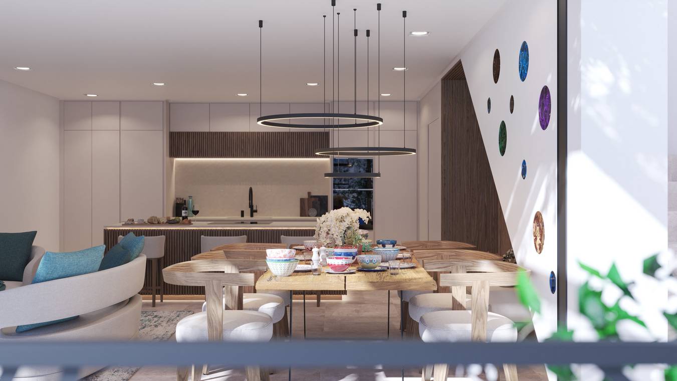 Μινιμαλιστική τραπεζαρία με design φωτιστικά και φυσικό ξύλο – 3D εσωτερική απεικόνιση Μαγιόρκα