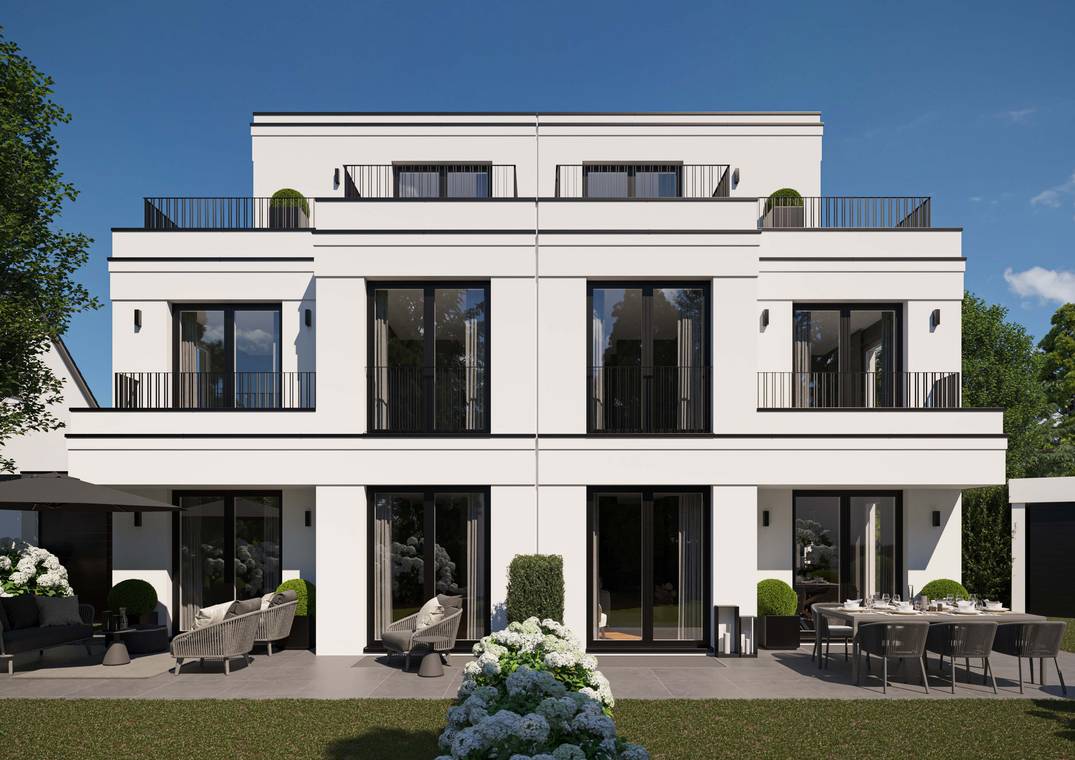 Σύγχρονη αρχιτεκτονική απεικόνιση νέας οικοδομής στην οδό Gerlachweg στο Μόναχο με φυσικό φως ημέρας