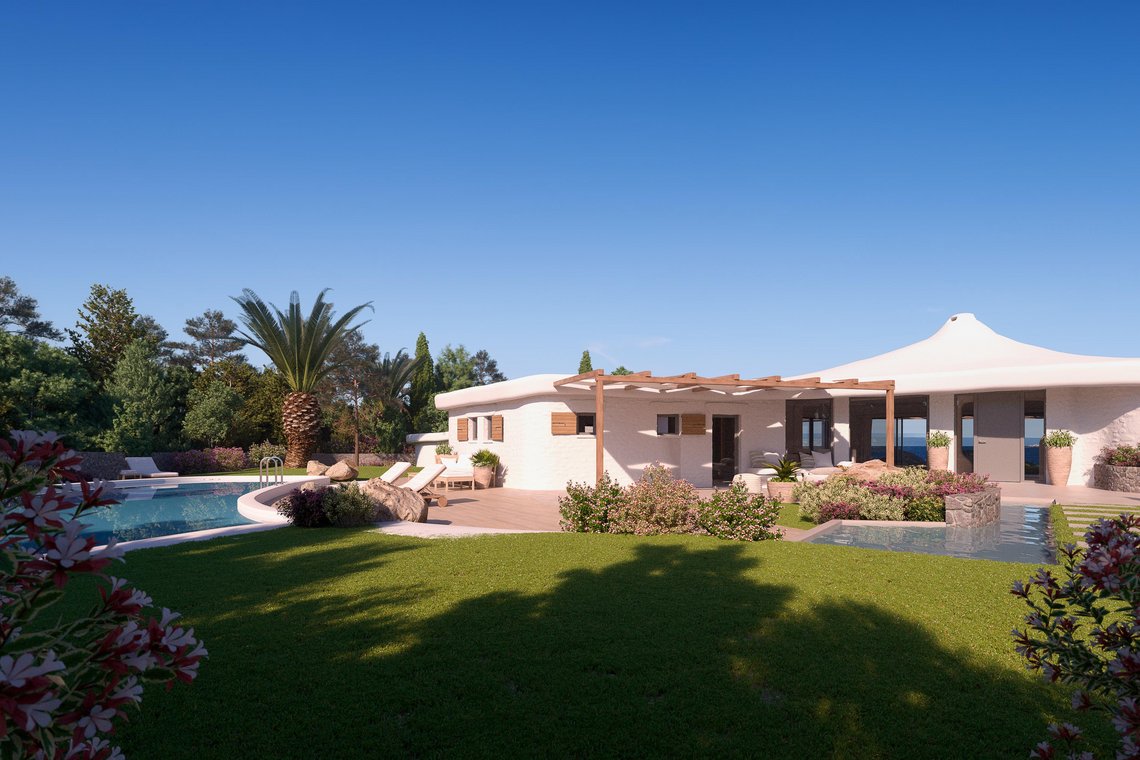 3D απεικόνιση βίλας στη Σαρδηνία με μεγάλο κήπο, φοίνικες, πισίνα και αρμονική μεσογειακή αρχιτεκτονική.