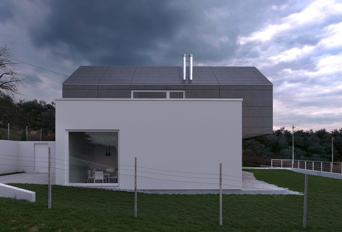 Αρχιτεκτονικος φοτορεαλισμος ενός σύγχρονου σπιτιού στην Κροατία με σκούρα στέγη, λευκό ισόγειο και δραματικό ουρανό στο βάθος, δημιουργία της gmsvision.