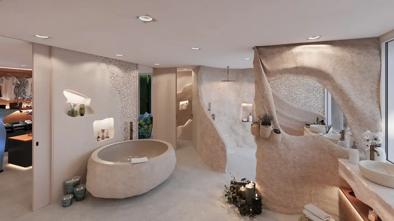 Απεικόνιση εσωτερικού χώρου μπάνιο penthouse με φυσική πέτρα – ATLANTIS Ibiza