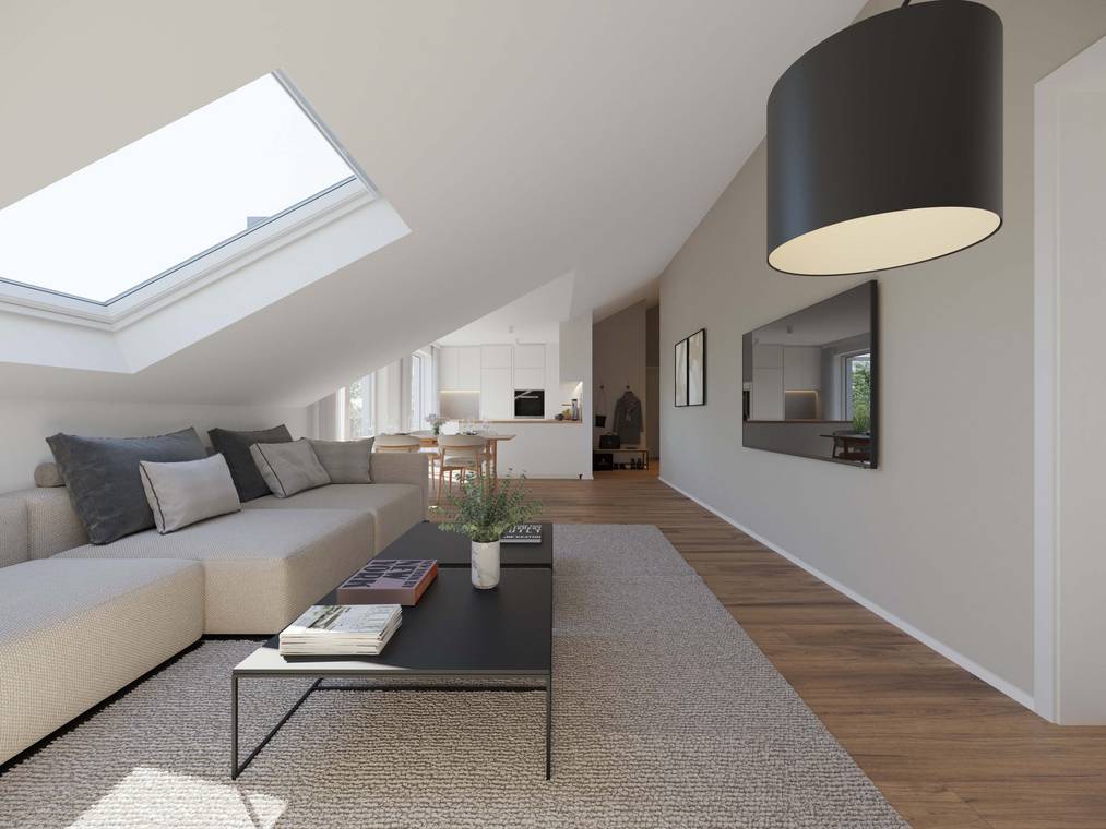 3D απεικόνιση ενός φωτεινού σαλονιού στη σοφίτα με άνετο καναπέ, μεγάλα φεγγίτες και ανοιχτή διαρρύθμιση.