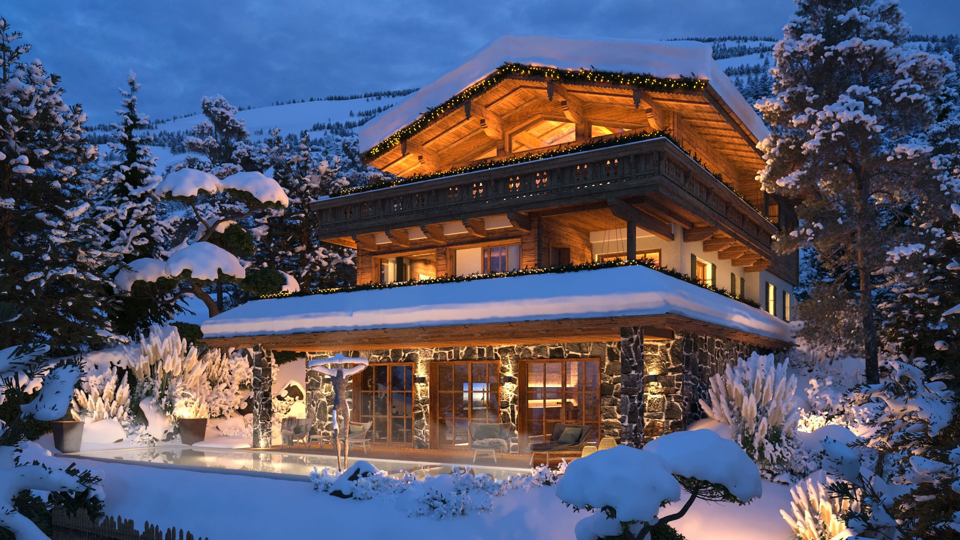 Εντυπωσιακή 3D απεικόνιση παραδοσιακού σαλέ τον χειμώνα, φωτισμένο με ζεστά φώτα και περιτριγυρισμένο από χιονισμένα δέντρα.