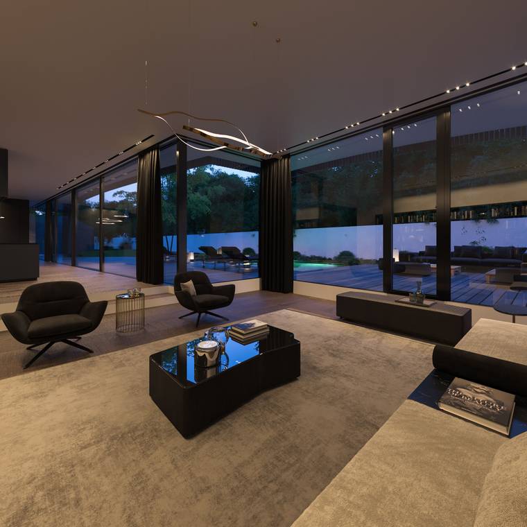 φωτορεαλιστικό interior rendering μοντέρνου σαλονιού με μεγάλες γυάλινες επιφάνειες