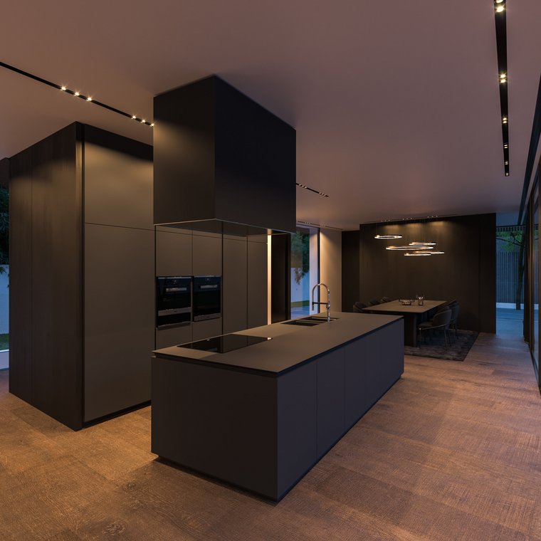 Αρχιτεκτονικός φωτορεαλισμός Gardenstraße – κομψή μοντέρνα κατοικία με γεωμετρική γλώσσα σχεδιασμού, ζεστό εσωτερικό φωτισμό και ήρεμο εξωτερικό χώρο.