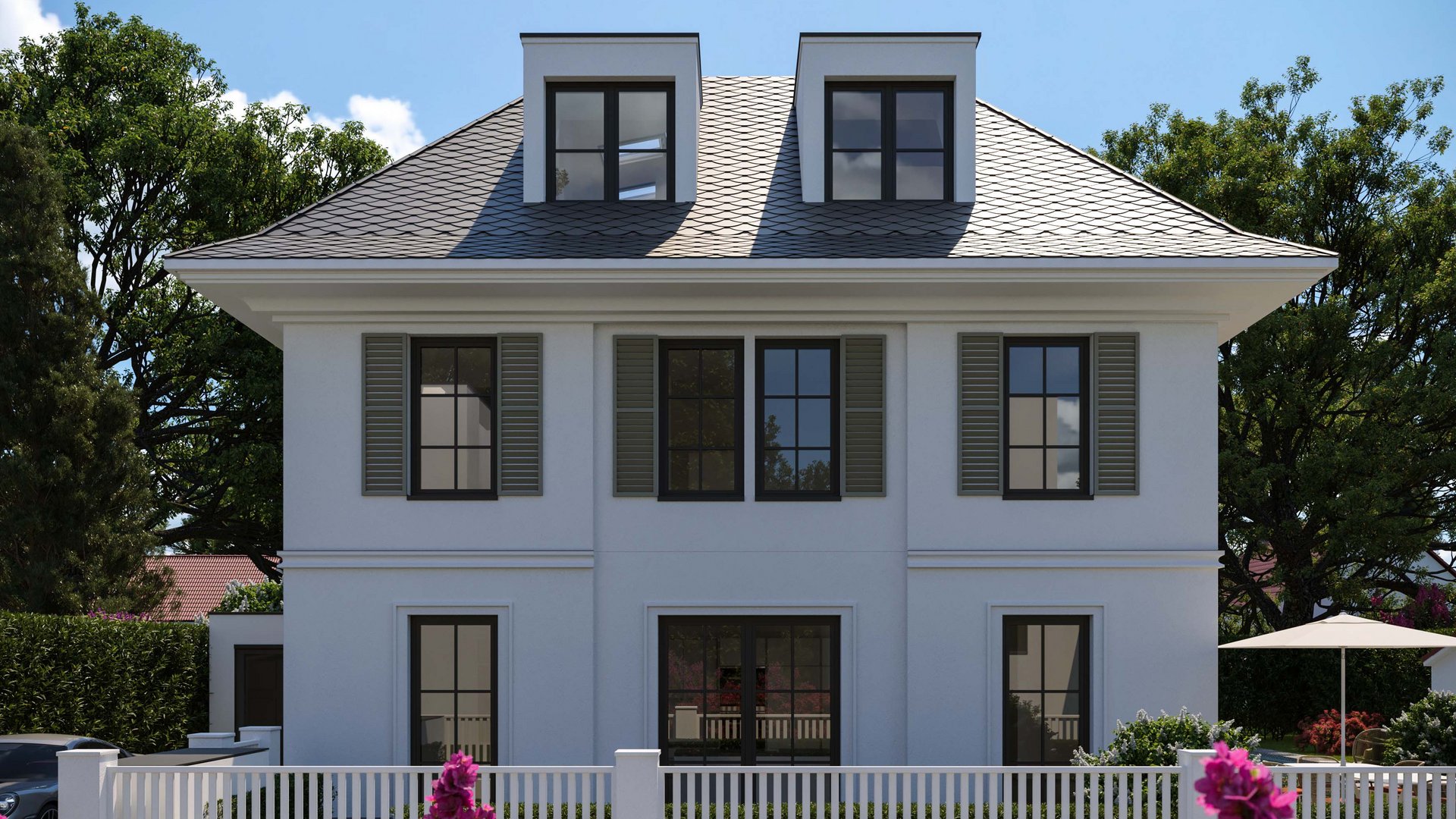 Κομψή λευκή βίλα με παραδοσιακή στέγη και παντζούρια, αποτυπωμένη σε μια υψηλής ποιότητας 3D απεικόνιση από την gmsvision.