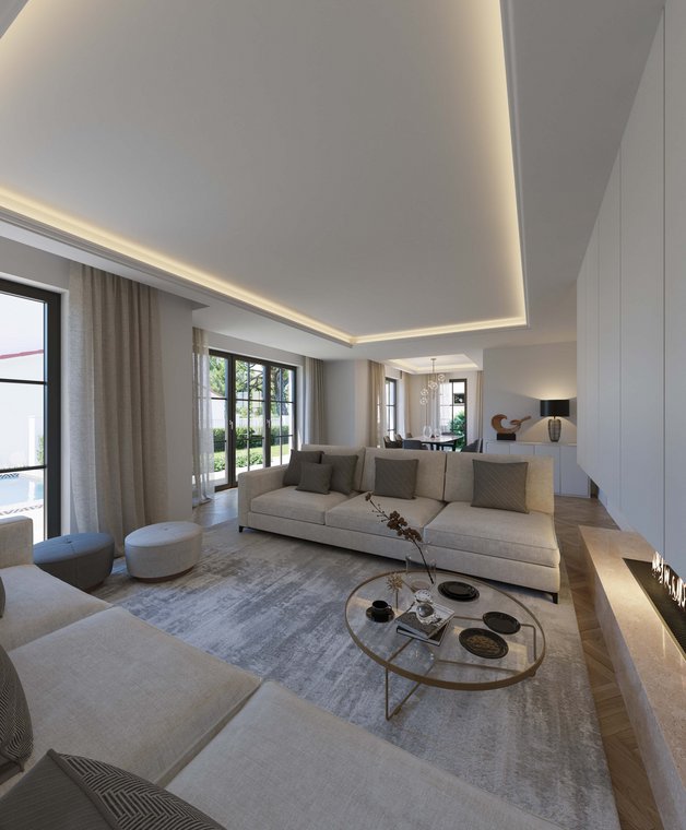 Ευρύχωρο σαλόνι με μοντέρνους καναπέδες, τζάκι και μεγάλα παράθυρα, αποτυπωμένο σε 3D απεικόνιση από την gmsvision.