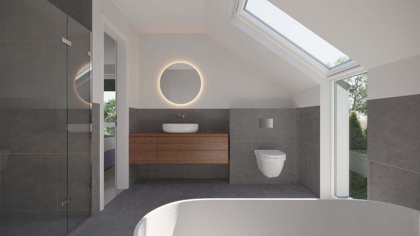 Κομψό μπάνιο με νιπτήρα, καθρέφτη, μπανιέρα και γκρι πλακάκια, φωτορεαλιστική 3D απεικόνιση από gmsvision