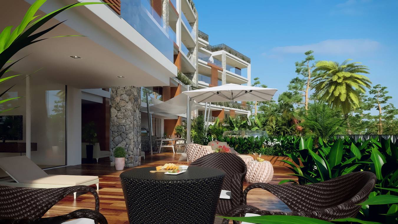 3D απεικόνιση πολυτελούς κήπου-βεράντας στην Πόρταλς Νους Μαγιόρκα με αρχιτεκτονική πέτρας, φοίνικες και χώρο lounge.