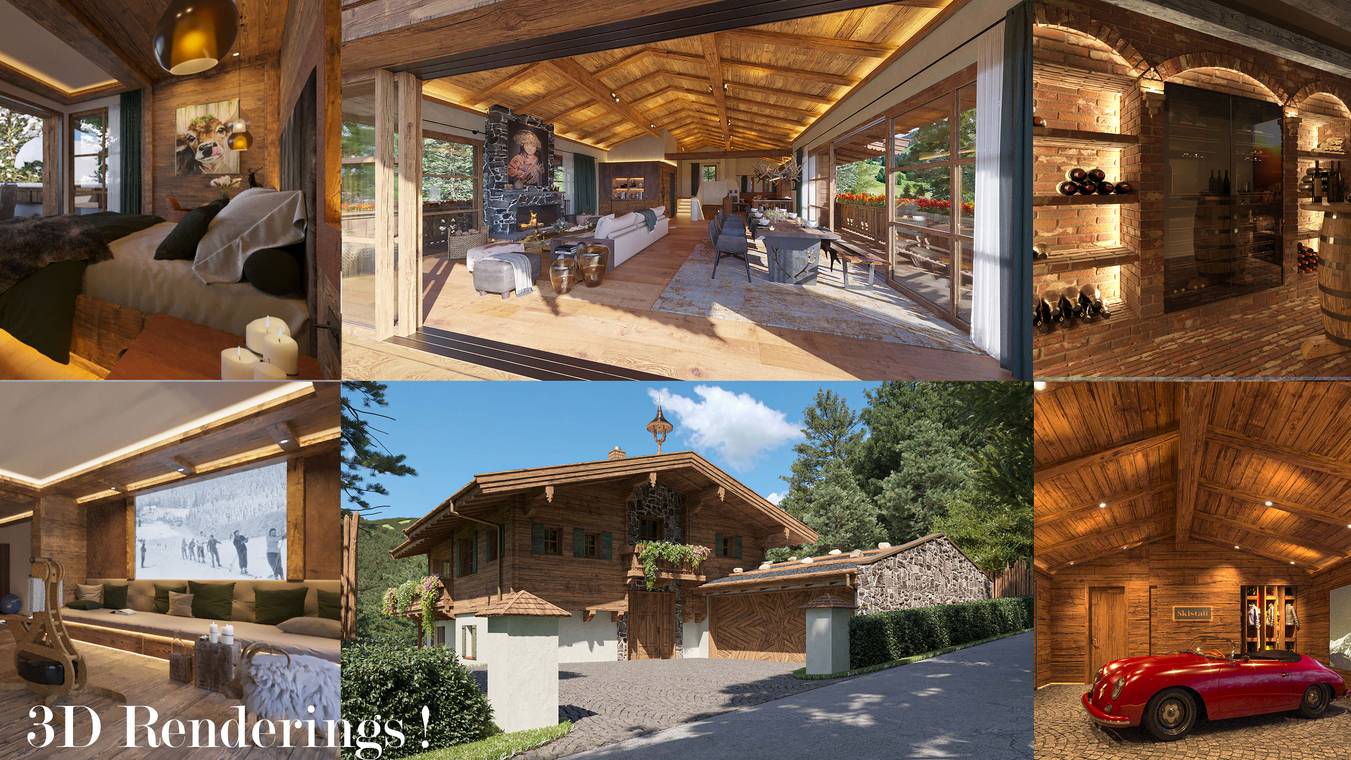 Φωτορεαλιστικά 3D renderings του έργου Mountainments ONE από την gmsvision με εσωτερικούς χώρους και εξωτερική αρχιτεκτονική.