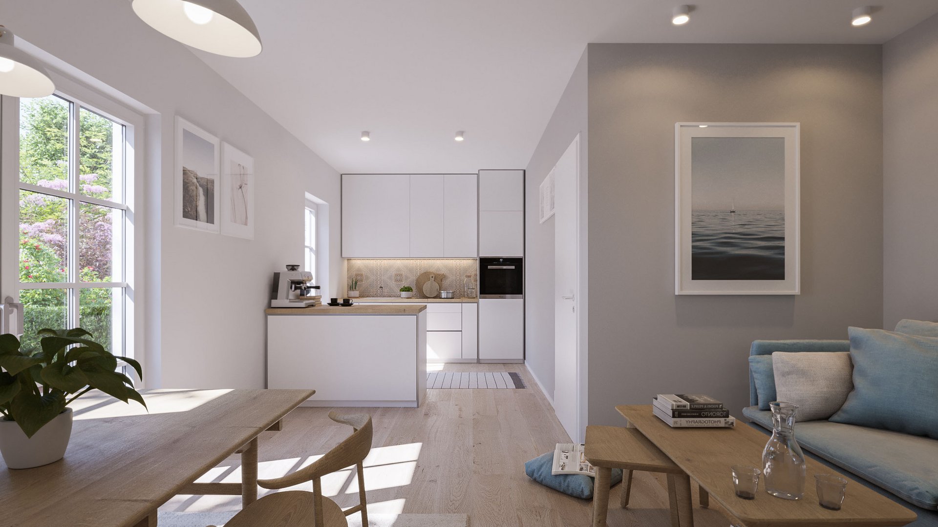 3D απεικόνιση ενός σύγχρονου διαμερίσματος διακοπών στην Βαλτική με φωτεινό σαλόνι και τραπεζαρία, ξύλινο τραπέζι, μινιμαλιστική κουζίνα και γαλάζιο καναπέ.