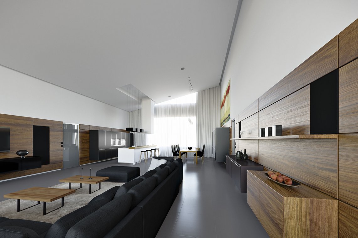 Αρχιτεκτονικός φωτορεαλισμός μοντέρνας βίλας με ξύλινη επένδυση τοίχου, ανοιχτή κουζίνα με νησίδα και κομψή τραπεζαρία με μεγάλα παράθυρα.