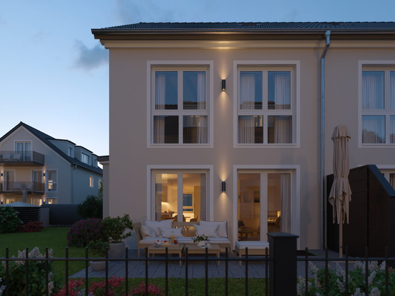 Τρισδιάστατη απεικόνιση διπλοκατοικίας στο σούρουπο με ρεαλιστική υφή στην πρόσοψη, κήπο και επιπλωμένη βεράντα. Η σκηνή δείχνει την εφαρμογή υλικών, βλάστησης και επίπλωσης για την προεπισκόπηση με υφές.