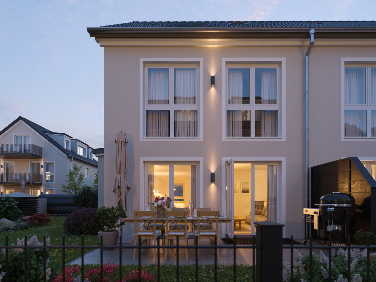 Τελική τρισδιάστατη απεικόνιση διπλοκατοικίας με φωτισμένη βεράντα, έπιπλα κήπου και ψησταριά σε βραδινό φως. Η απεικόνιση παρουσιάζει το ολοκληρωμένο αποτέλεσμα μετά την εφαρμογή όλων των ζητούμενων προσαρμογών.