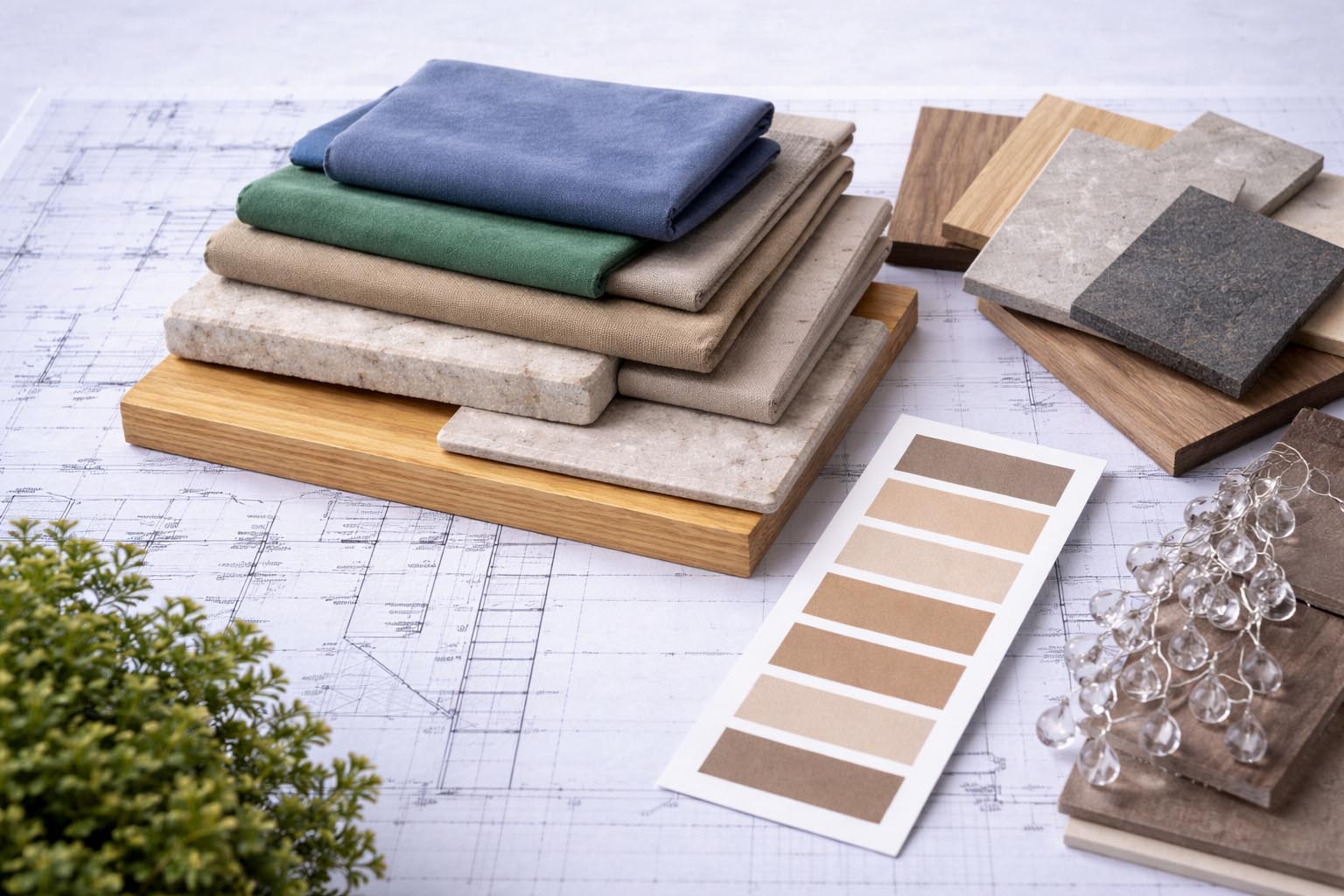 Επιλογή υλικών για αρχιτεκτονική 3D απεικόνιση με δείγματα υφασμάτων, ξύλου, πέτρας και χρωματικής παλέτας πάνω σε αρχιτεκτονικά σχέδια στη φάση concept