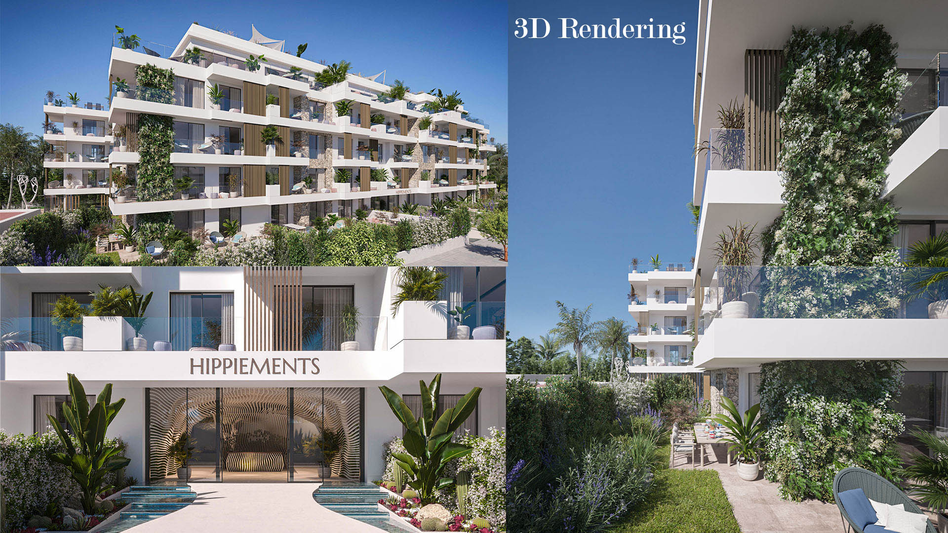 Αρχιτεκτονικά 3D renderings του έργου HIPPIEMENTS στην Ibiza κατά τη φάση σχεδιασμού