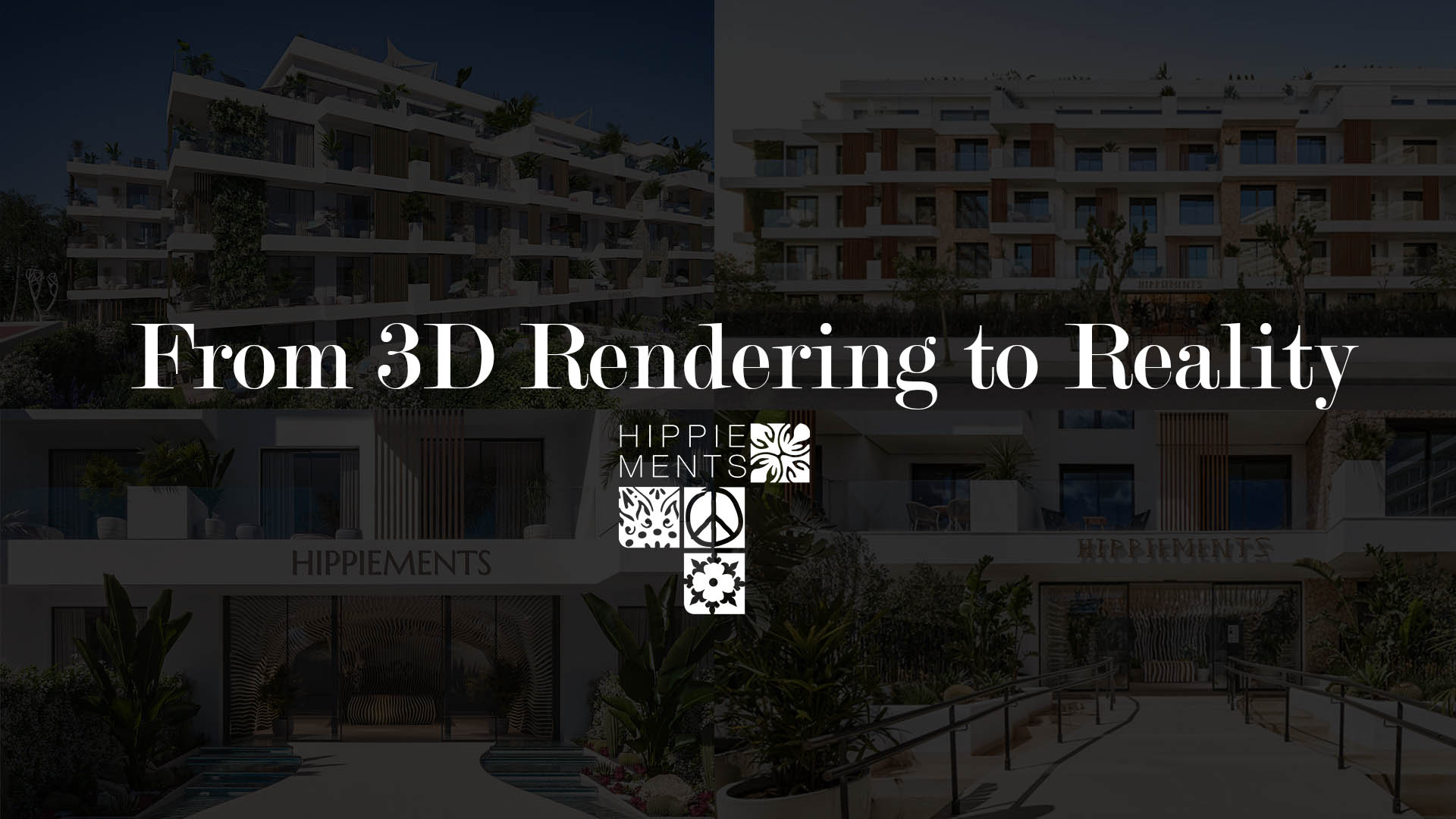 Σύγκριση μεταξύ 3D rendering και κατασκευασμένου έργου HIPPIEMENTS στην Ibiza είσοδος και όψη κτιρίου